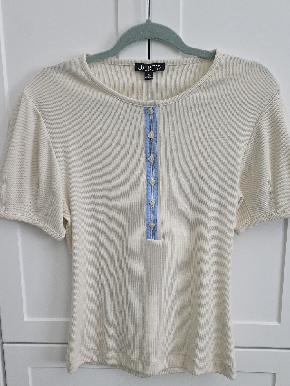 J. Crew Cream Ribbed Short Sleeve Tee with Blue Button Placket